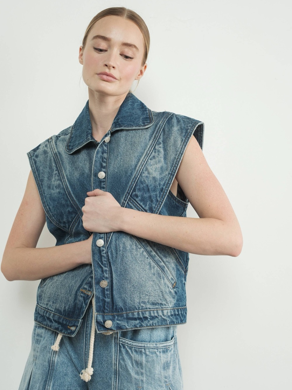 Washed Blue Denim Sleeveless Vest with Button Front
